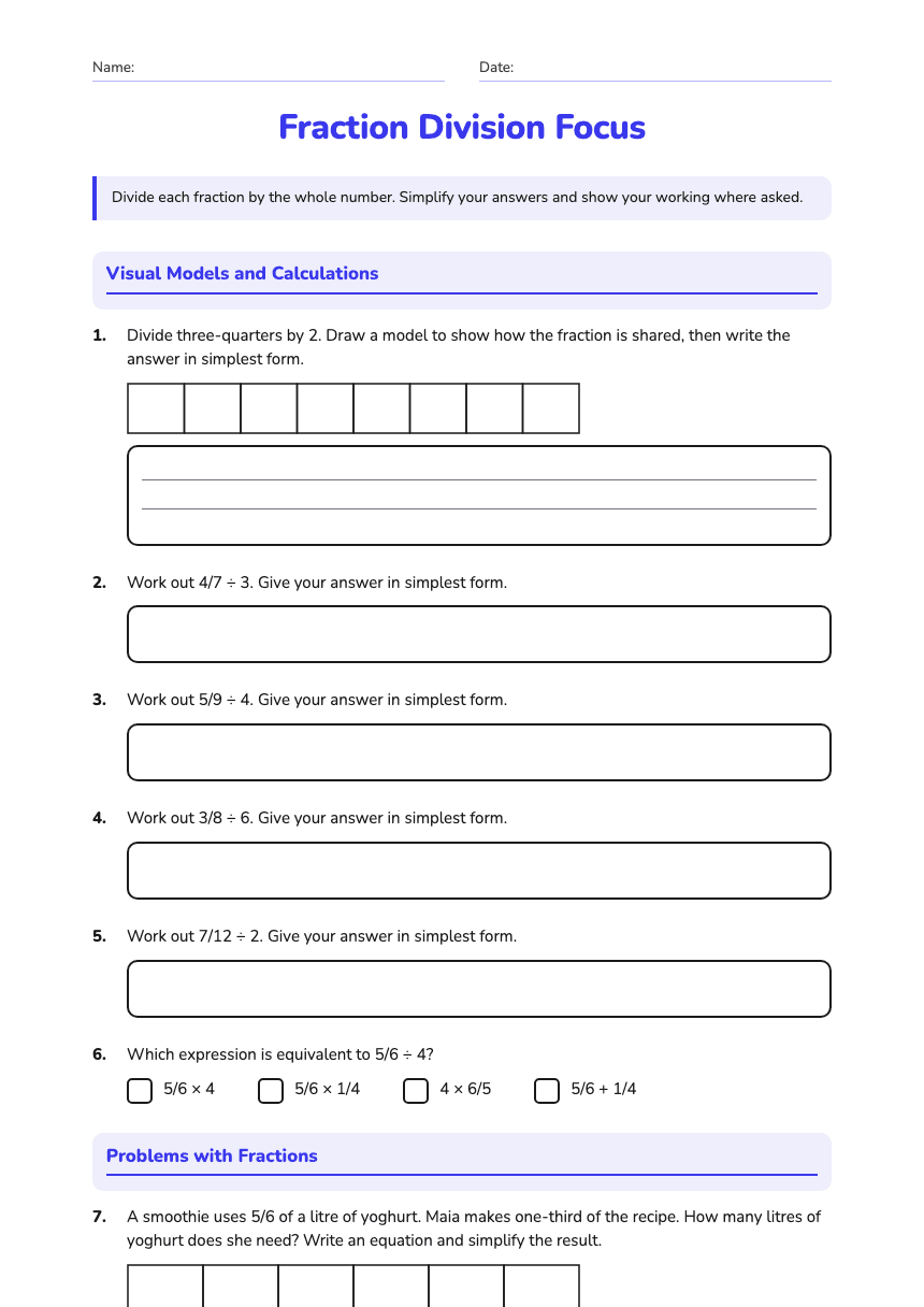 Fraction Division Focus worksheet preview