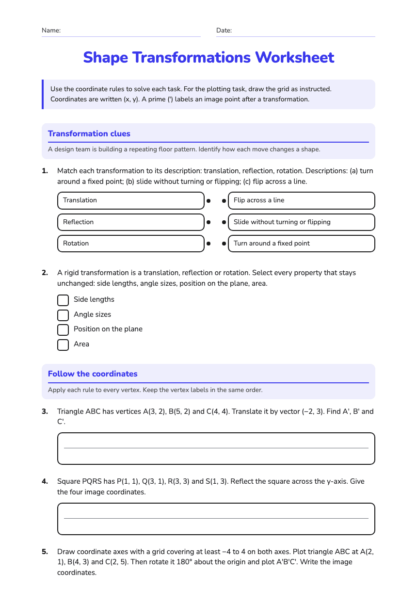 Shape Transformations Worksheet worksheet preview