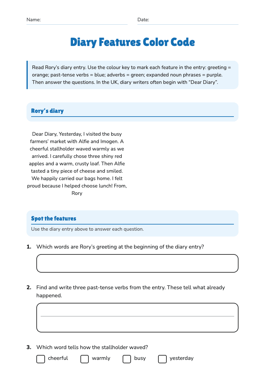 Diary Features Color Code worksheet preview
