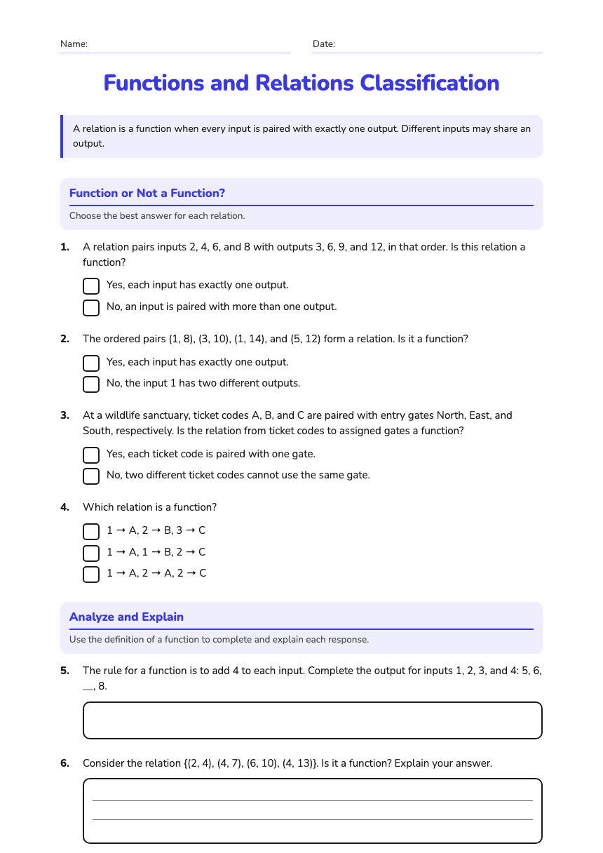 Functions and Relations Classification worksheet preview