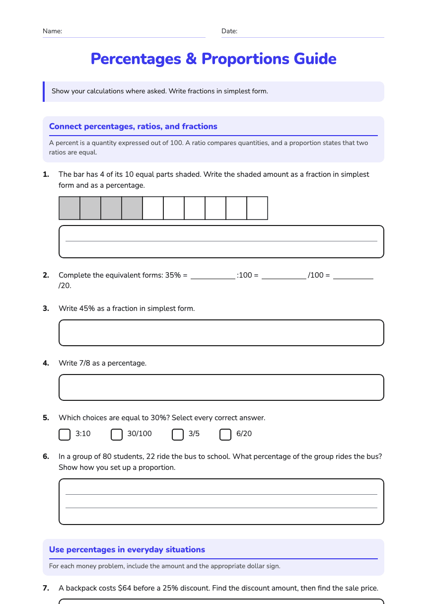 Percentages & Proportions Guide worksheet preview
