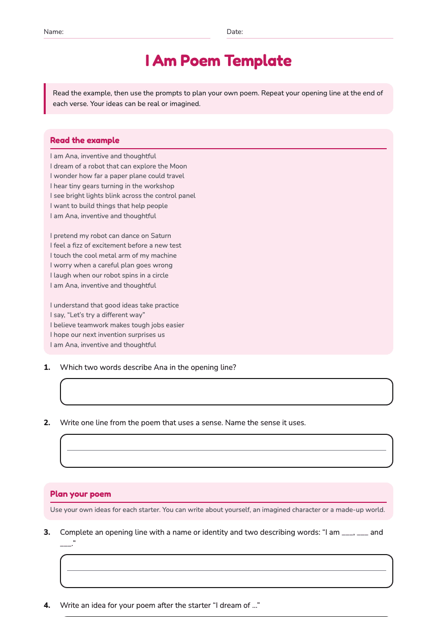 I Am Poem Template worksheet preview
