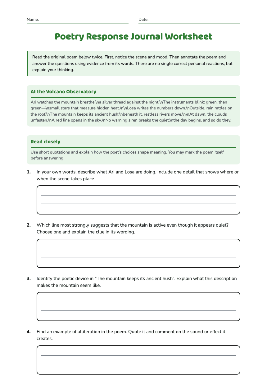 Poetry Response Journal Worksheet worksheet preview
