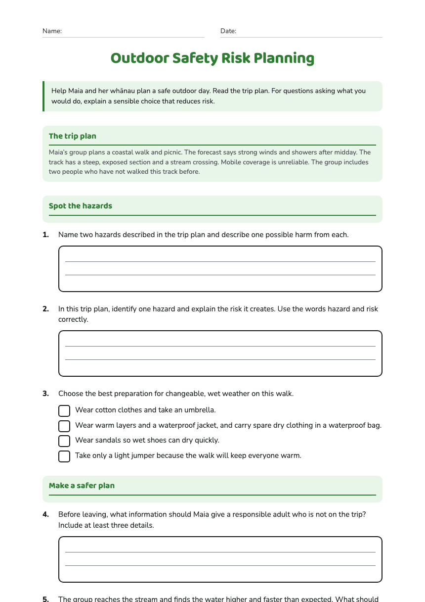 Outdoor Safety Risk Planning worksheet preview