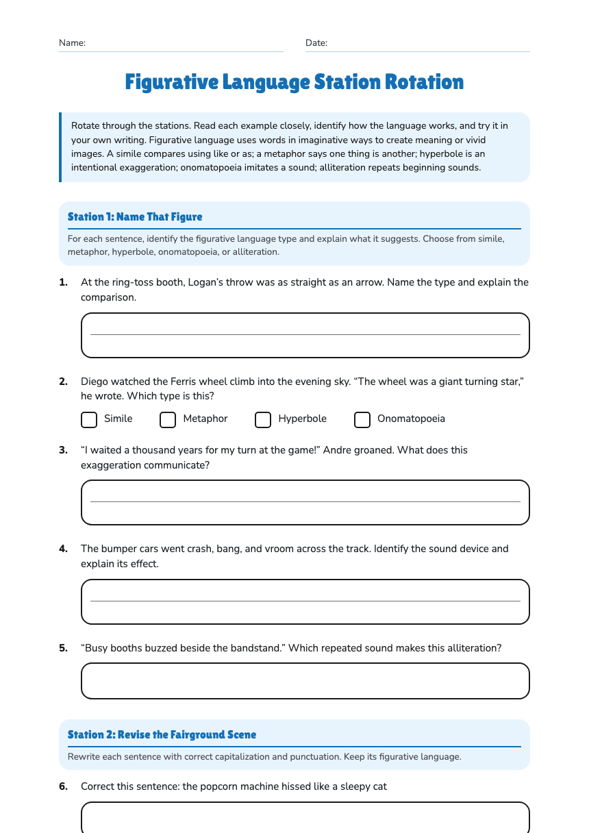 Figurative Language Station Rotation worksheet preview