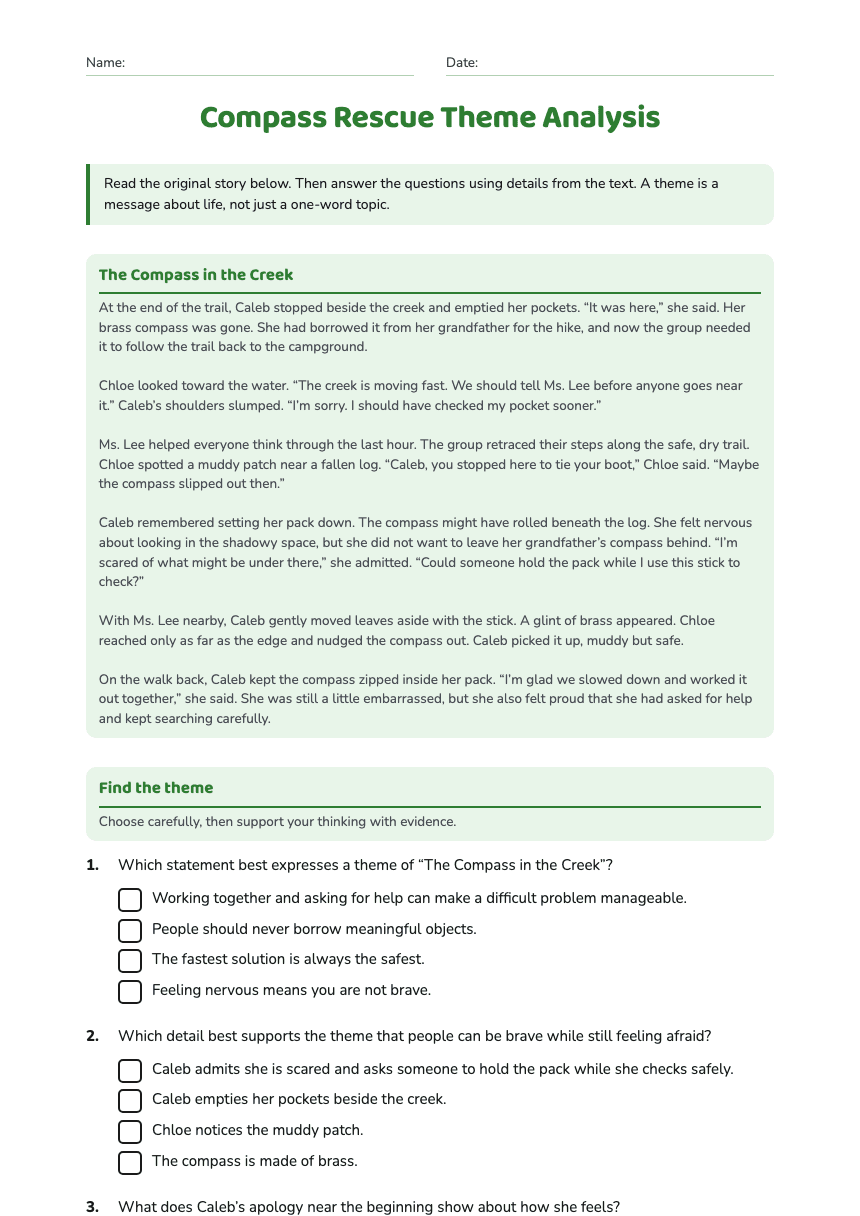 Compass Rescue Theme Analysis worksheet preview