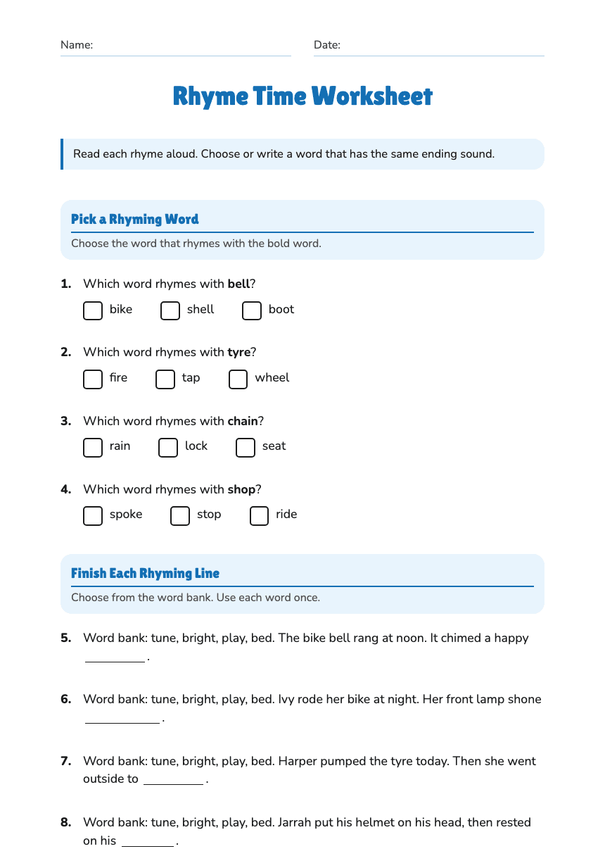 Rhyme Time Worksheet worksheet preview