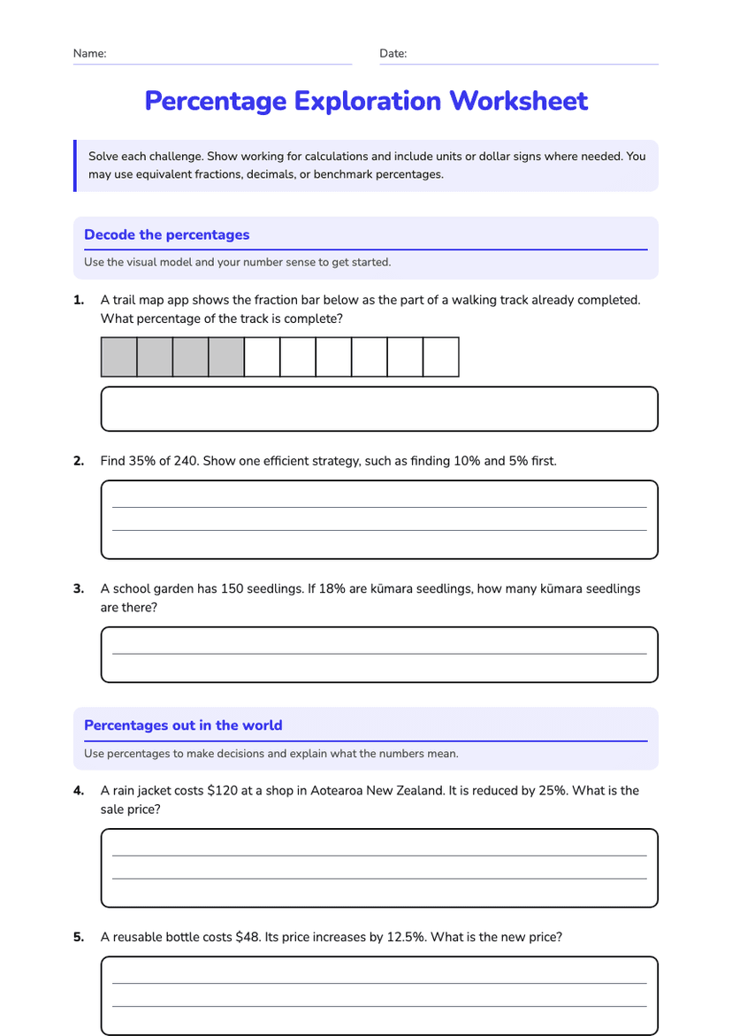 Percentage Exploration Worksheet