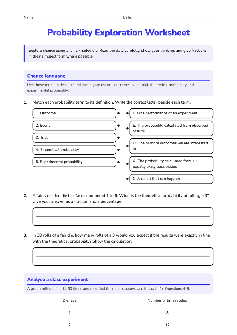 Probability Exploration Worksheet
