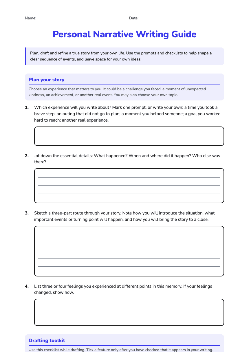 Personal Narrative Writing Guide worksheet preview