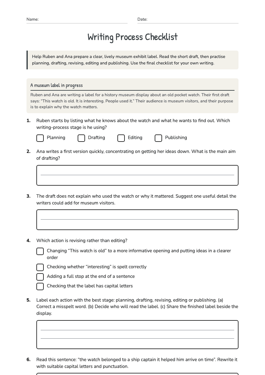 Writing Process Checklist worksheet preview