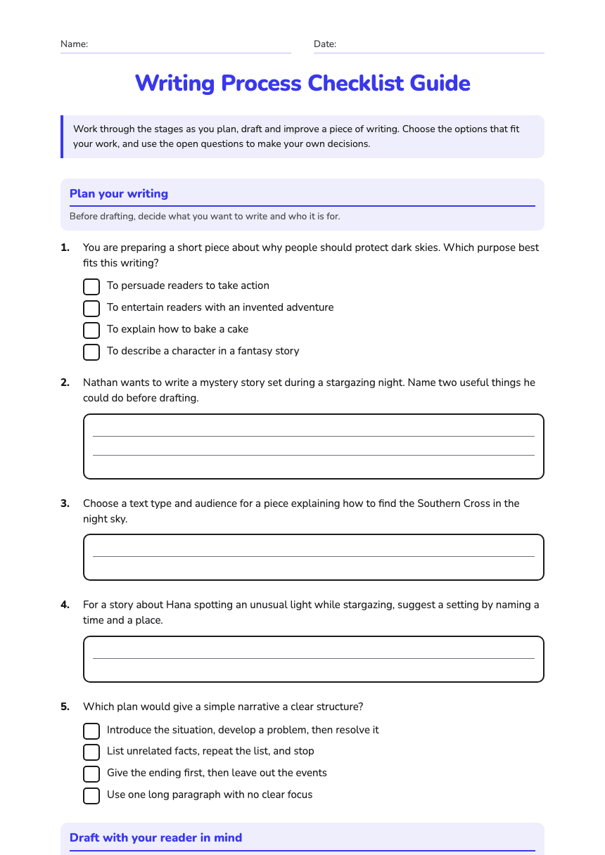 Writing Process Checklist Guide worksheet preview