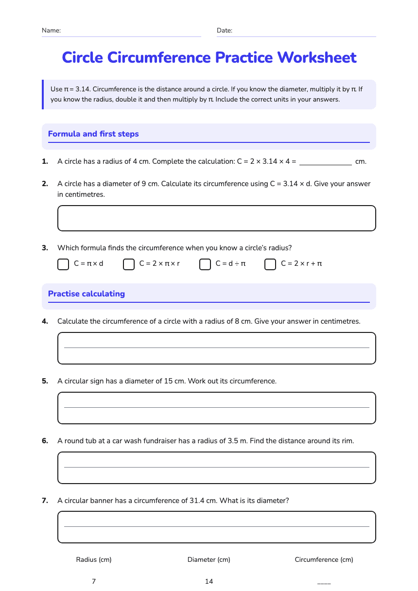 Circle Circumference Practice Worksheet worksheet preview