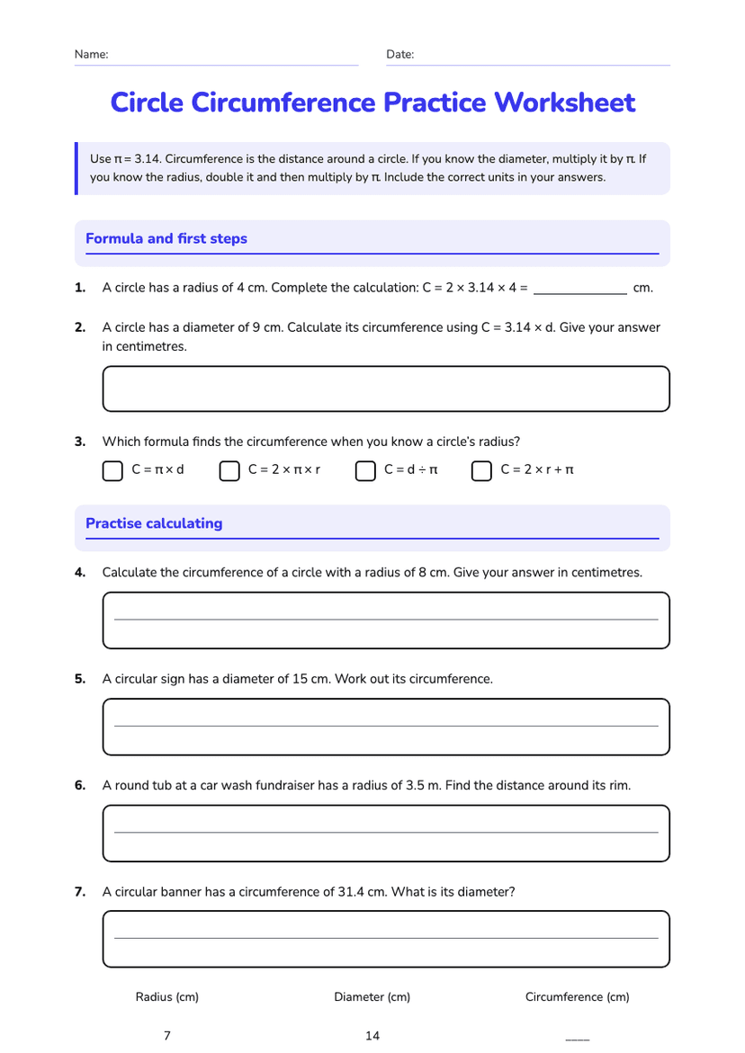 Circle Circumference Practice Worksheet