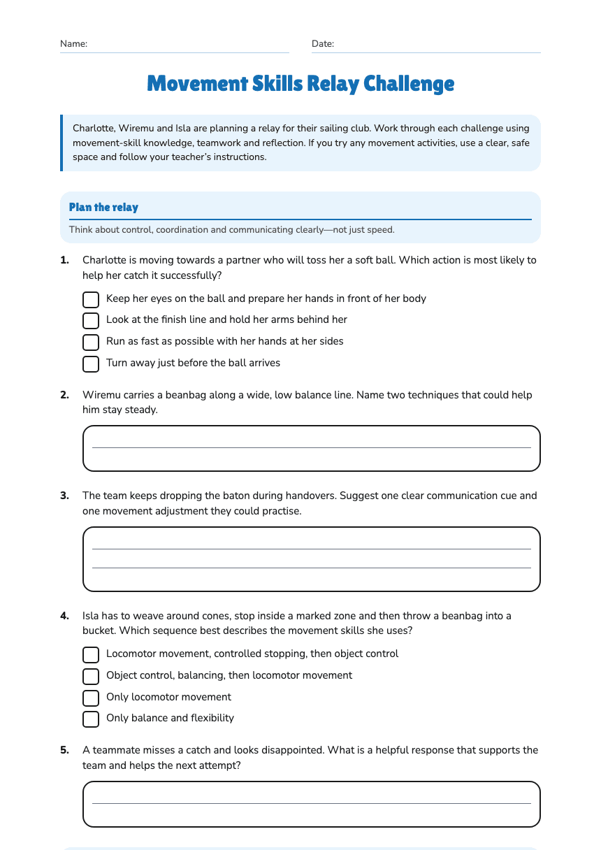 Movement Skills Relay Challenge worksheet preview