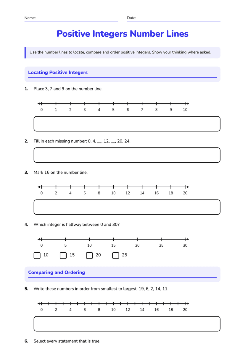 Positive Integers Number Lines