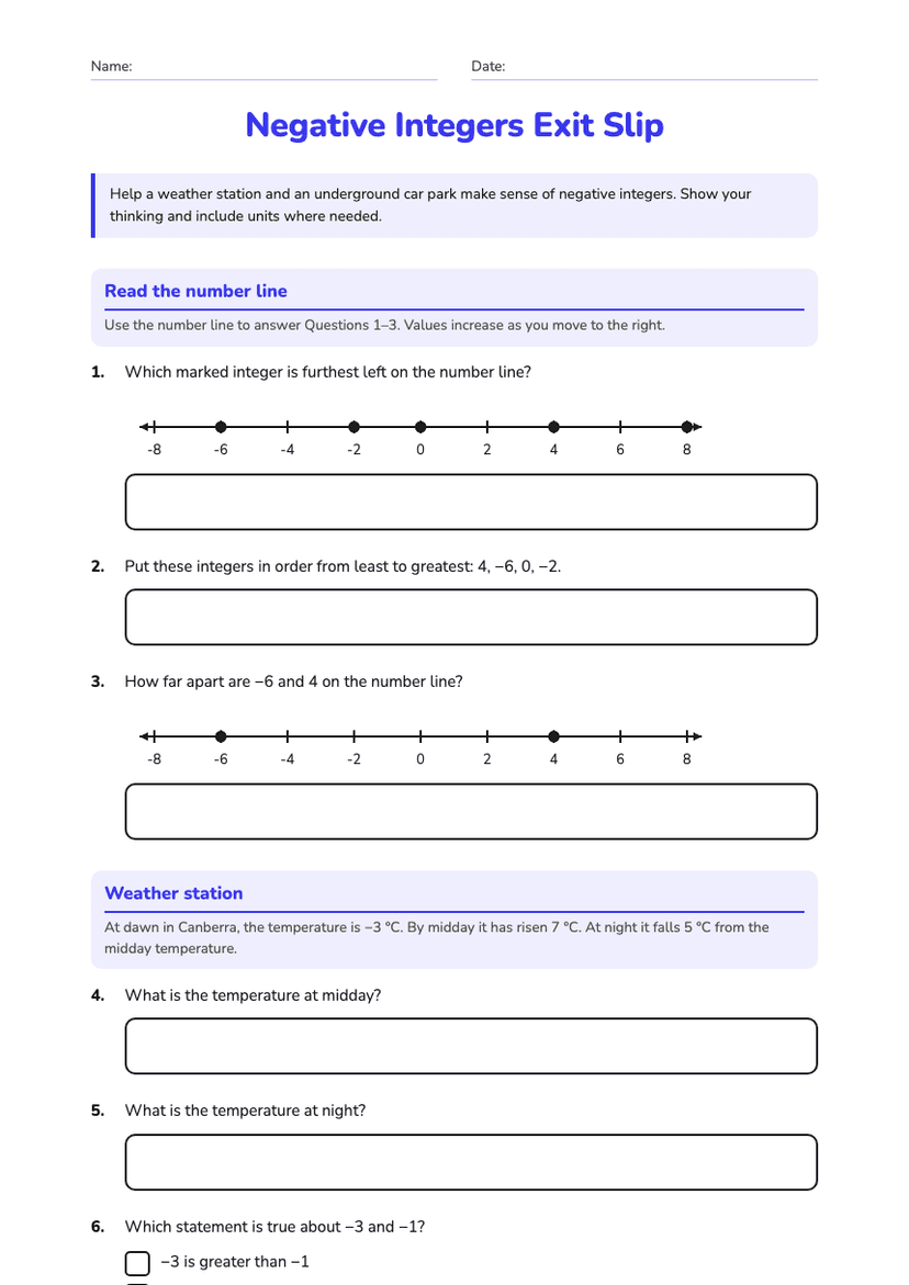 Negative Integers Exit Slip