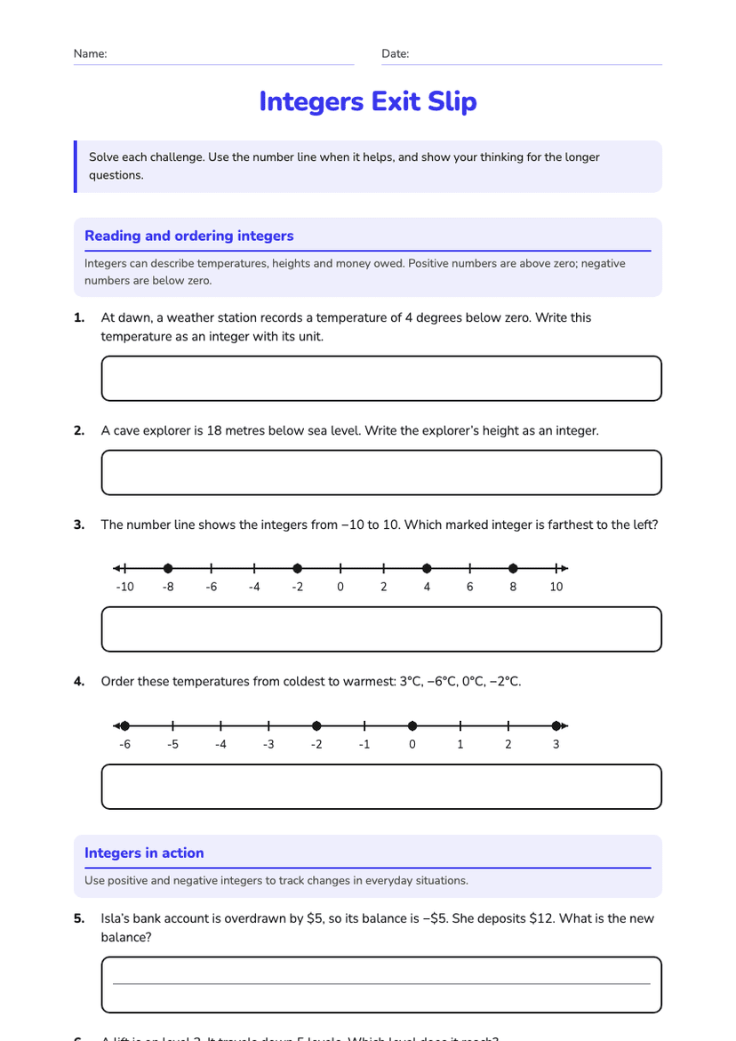 Integers Exit Slip