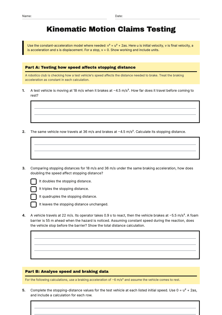 Kinematic Motion Claims Testing worksheet preview