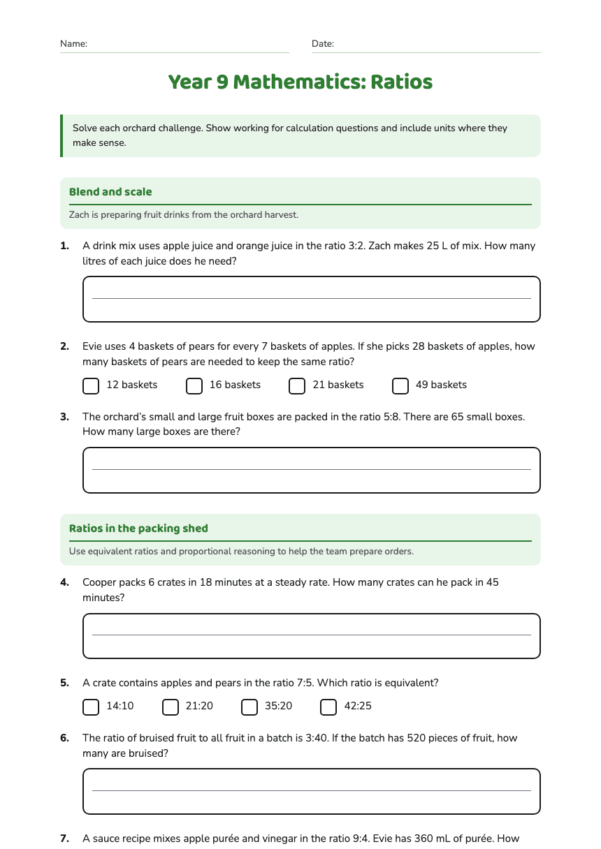 Year 9 Mathematics: Ratios worksheet preview