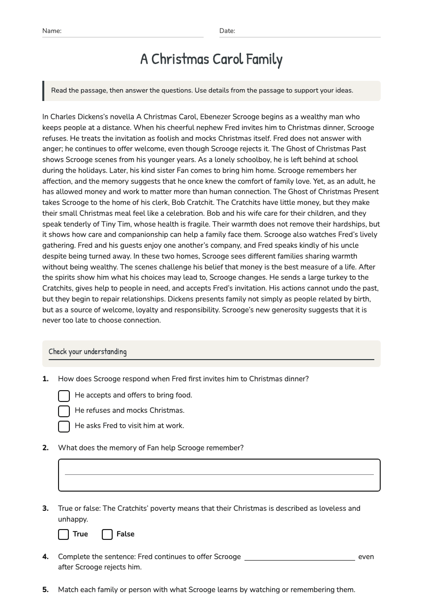 A Christmas Carol Family worksheet preview