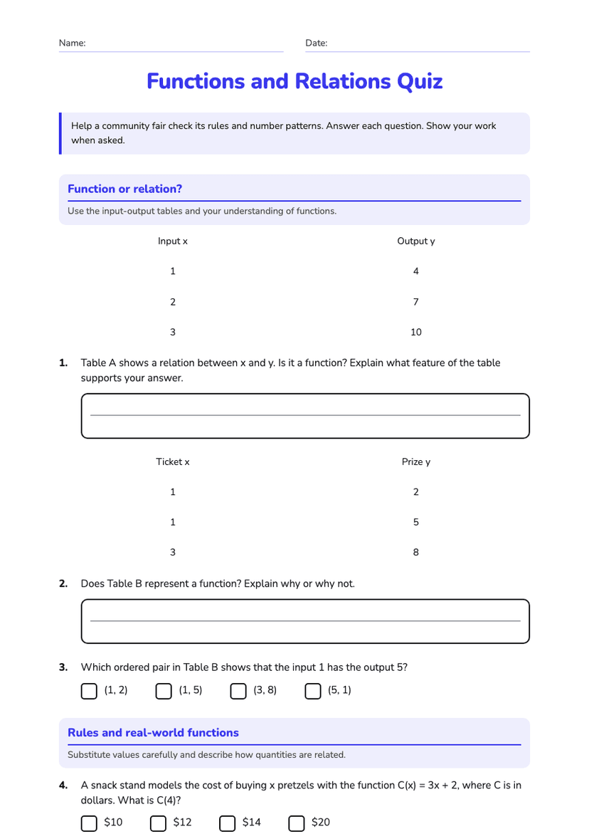 Functions and Relations Quiz