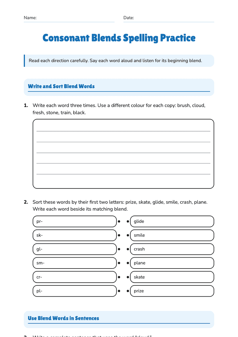 Consonant Blends Spelling Practice