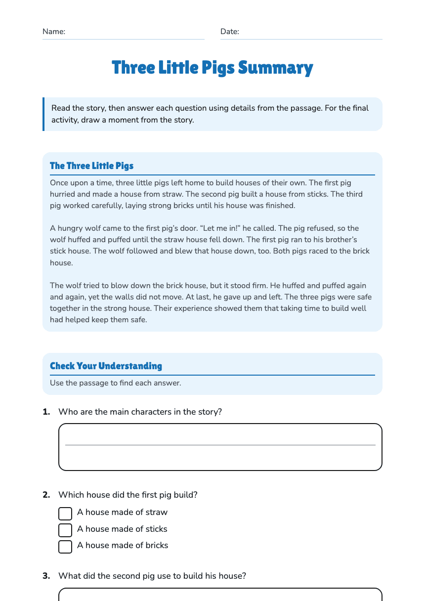Three Little Pigs Summary worksheet preview