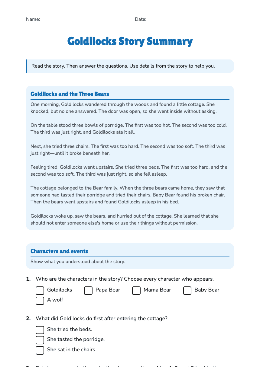 Goldilocks Story Summary worksheet preview
