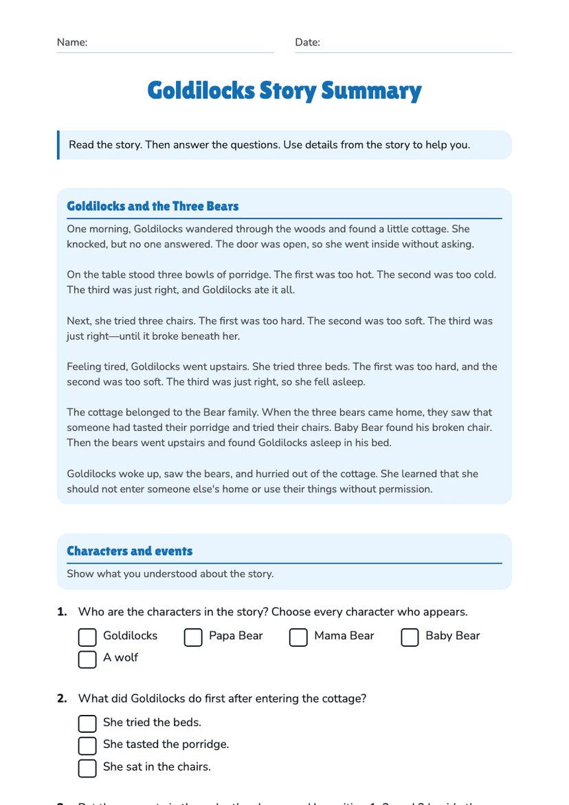 Goldilocks Story Summary