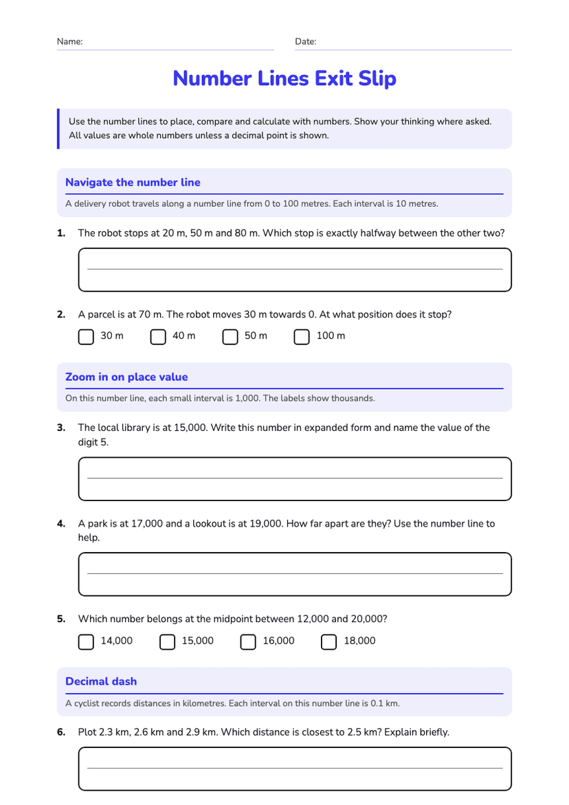 Number Lines Exit Slip