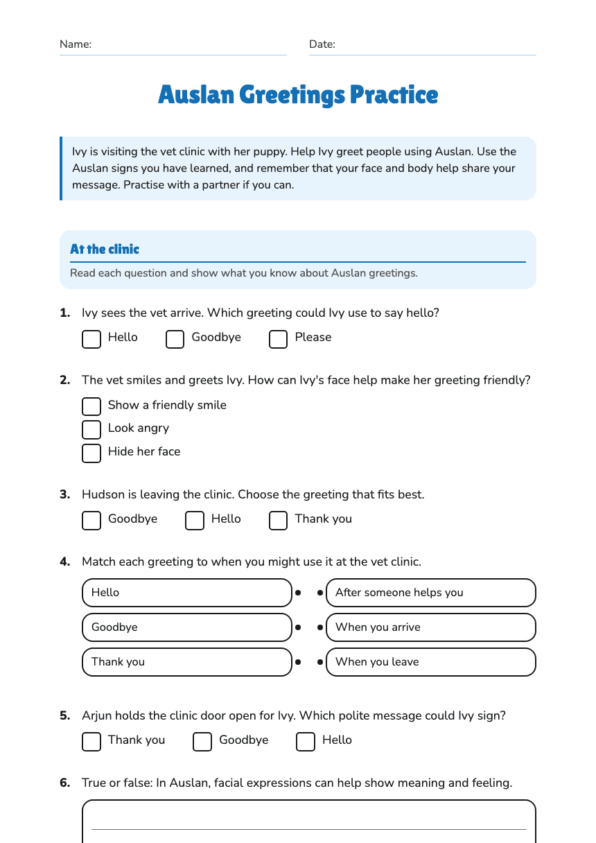 Auslan Greetings Practice worksheet preview