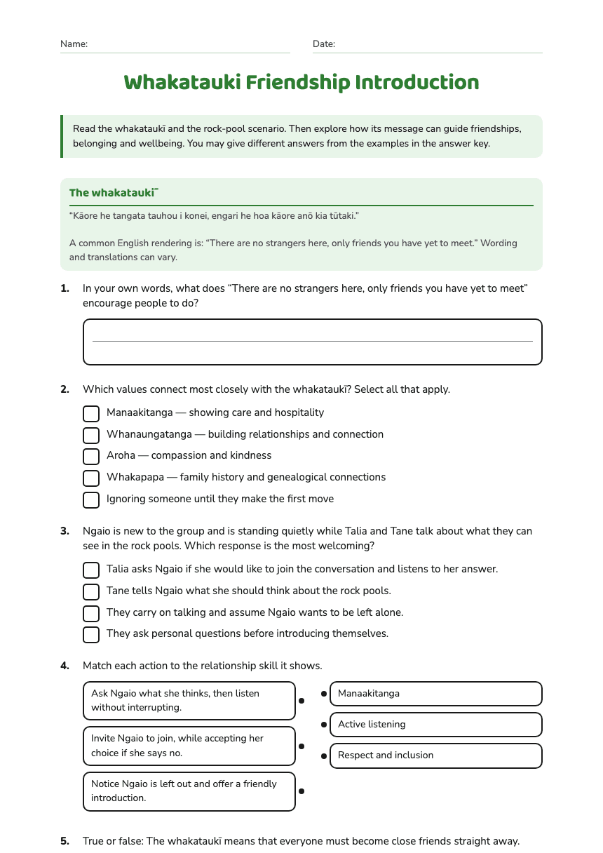 Whakatauki Friendship Introduction worksheet preview