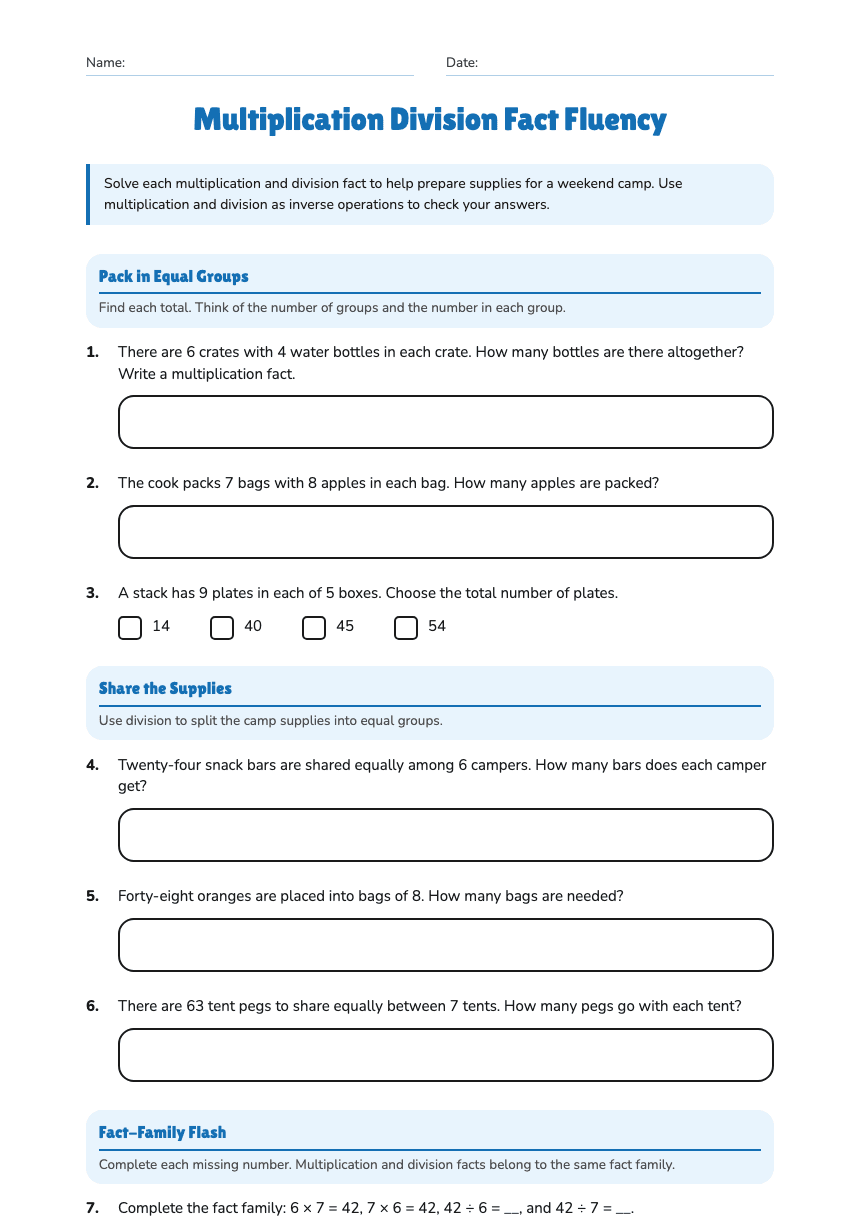 Multiplication Division Fact Fluency worksheet preview