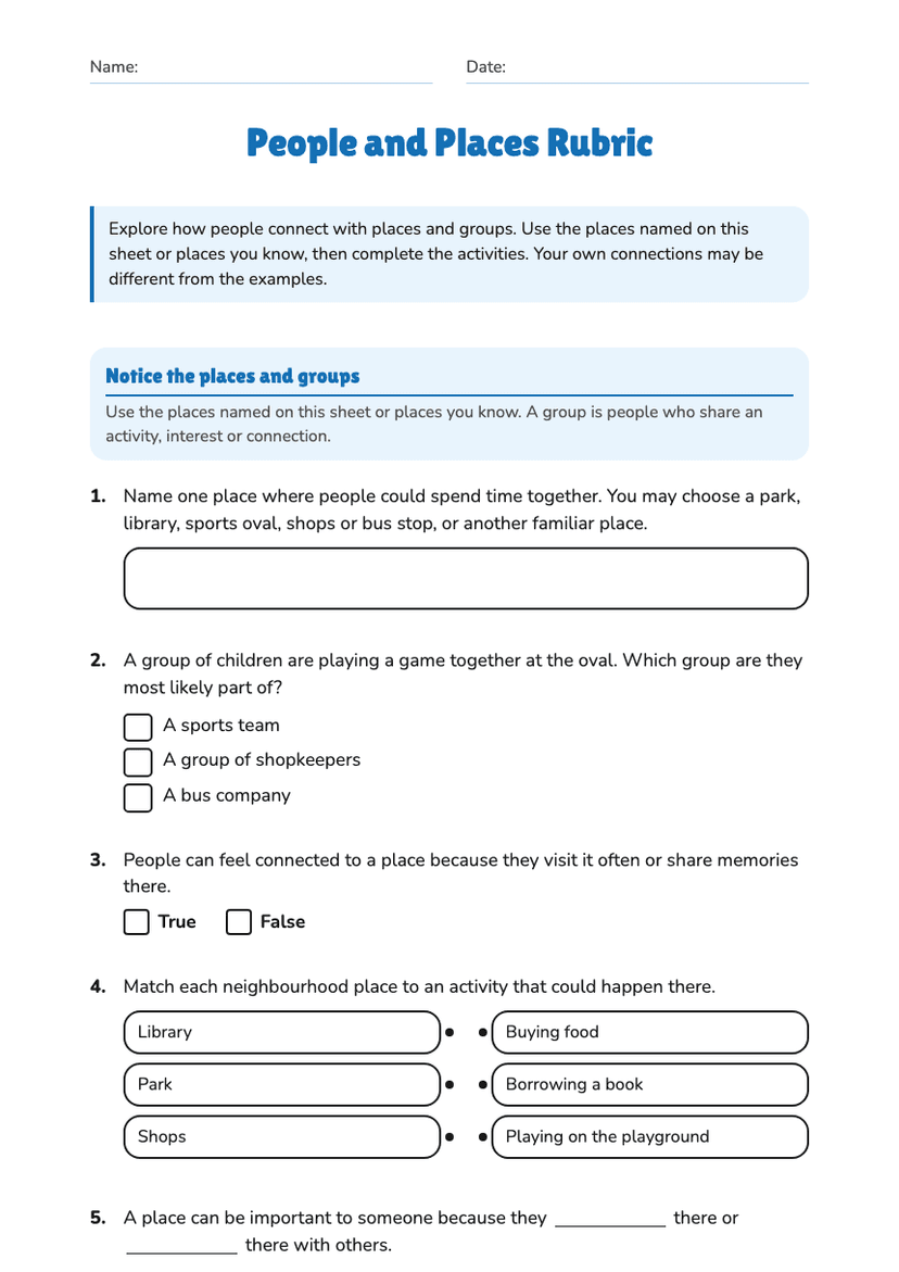 People and Places Rubric
