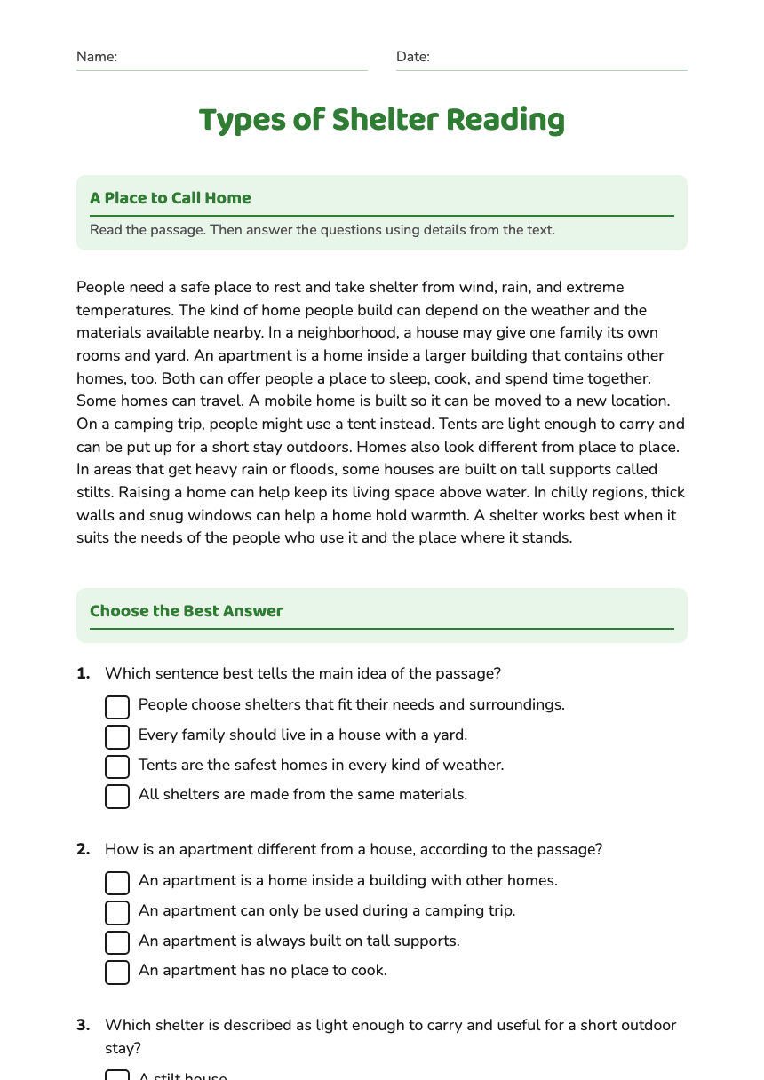 Types of Shelter Reading worksheet preview
