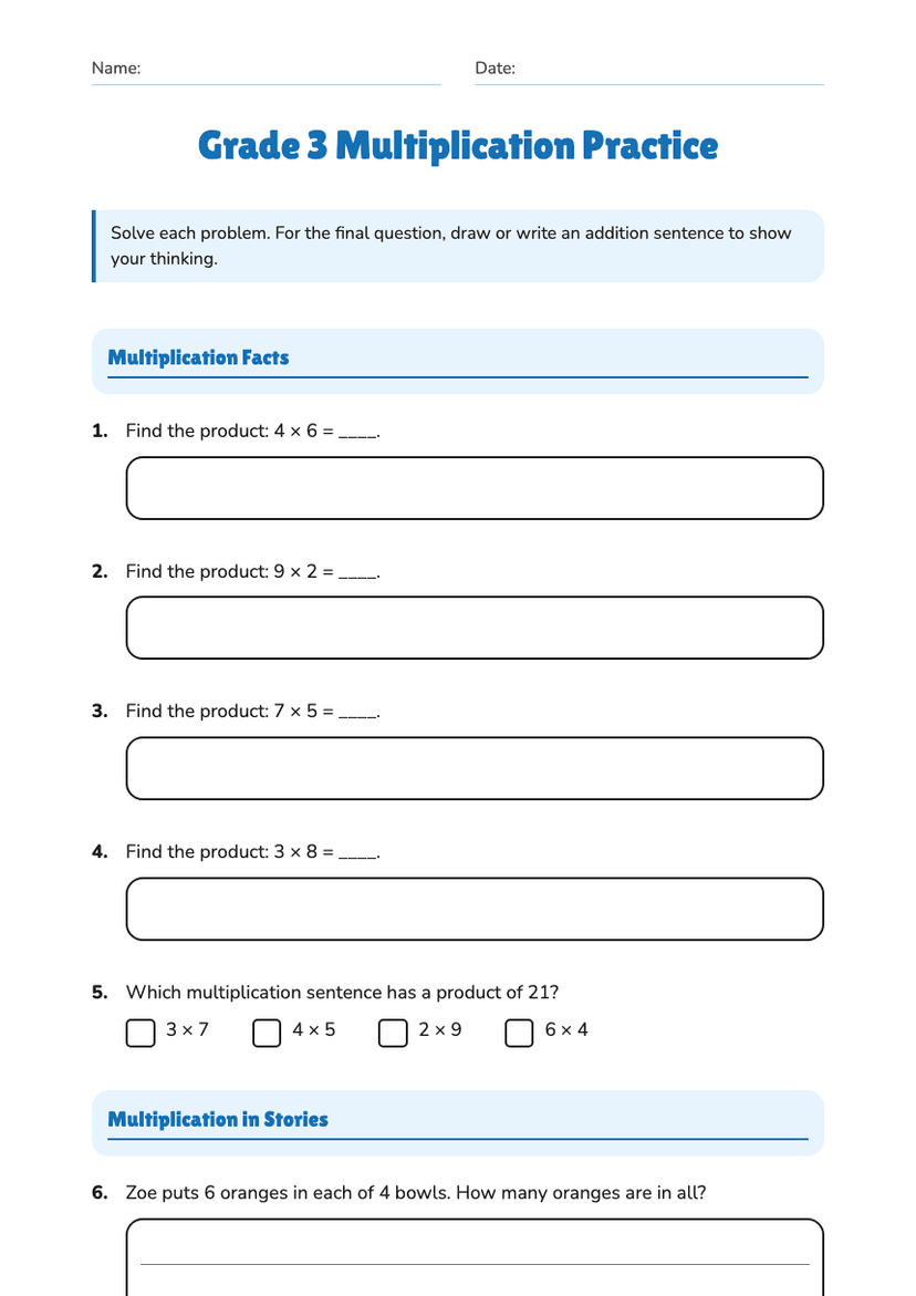 Grade 3 Multiplication Practice