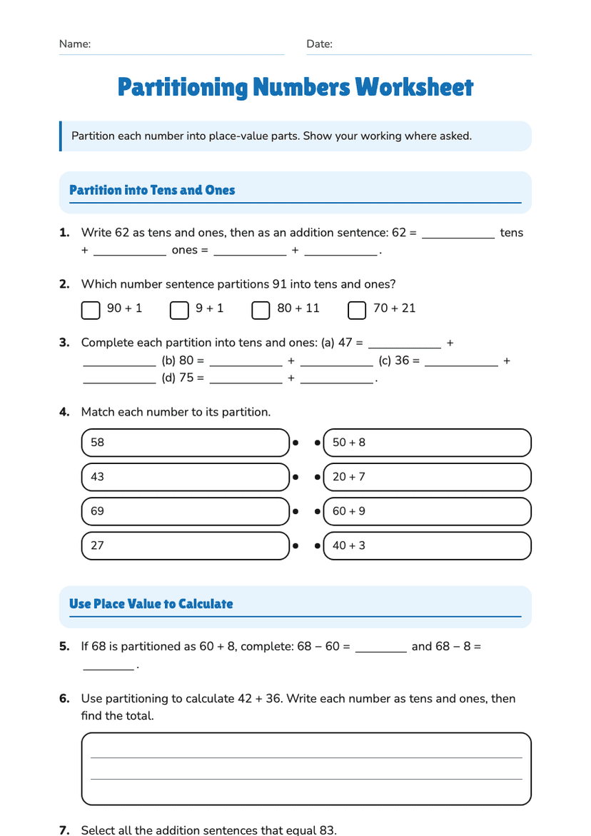 Partitioning Numbers Worksheet