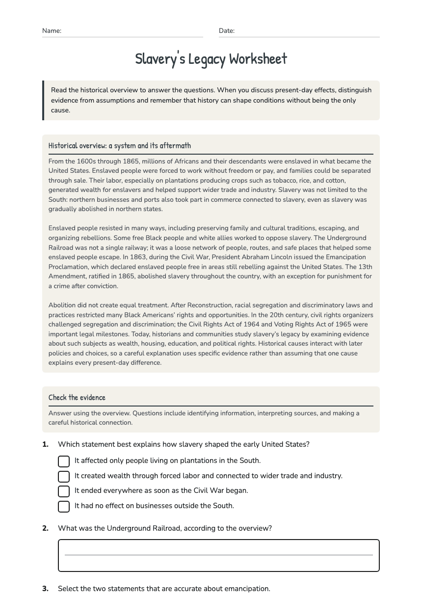 Slavery's Legacy Worksheet worksheet preview
