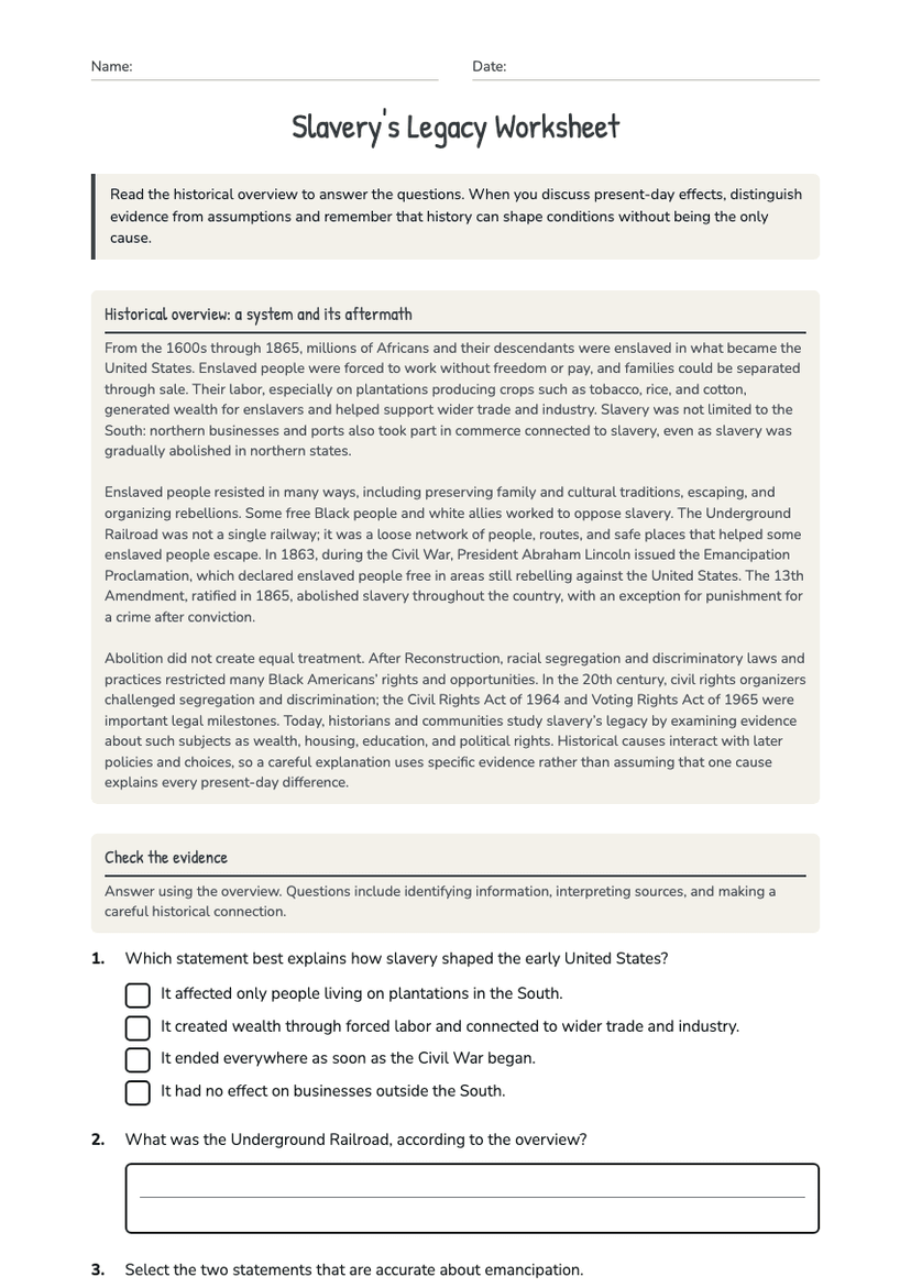 Slavery's Legacy Worksheet