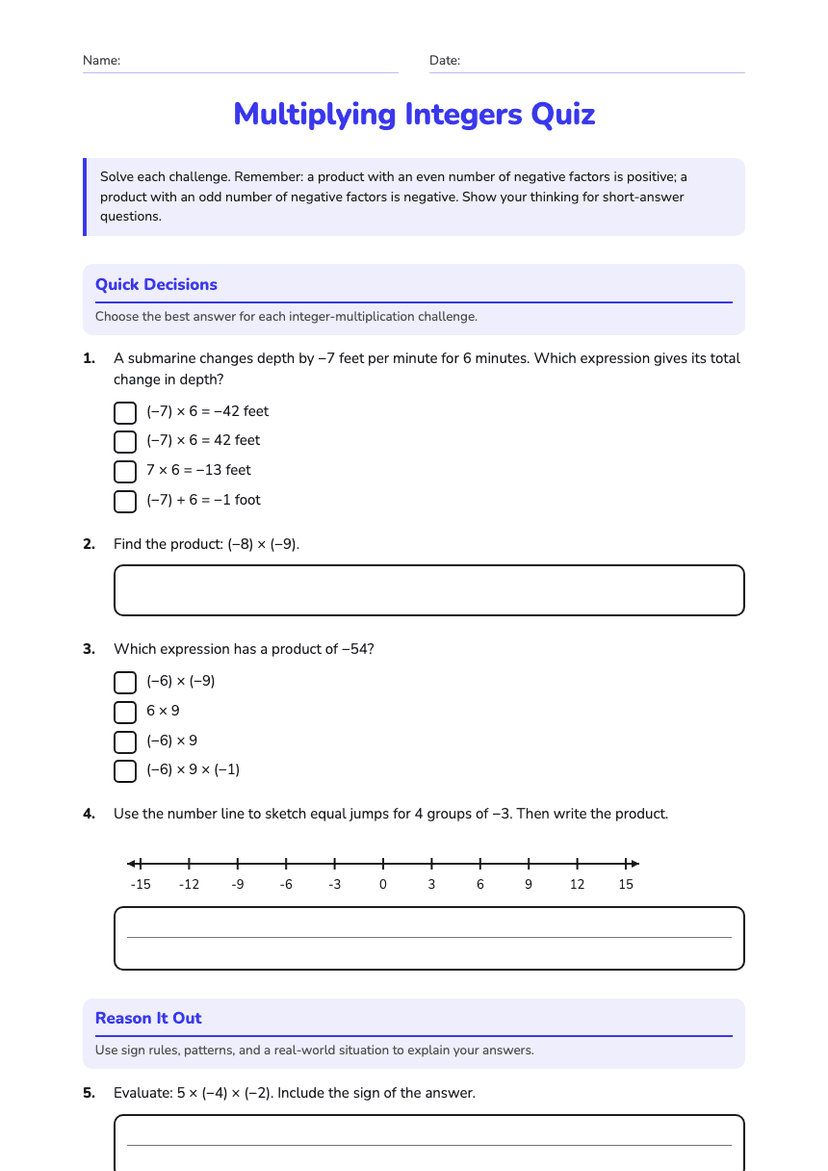 Multiplying Integers Quiz