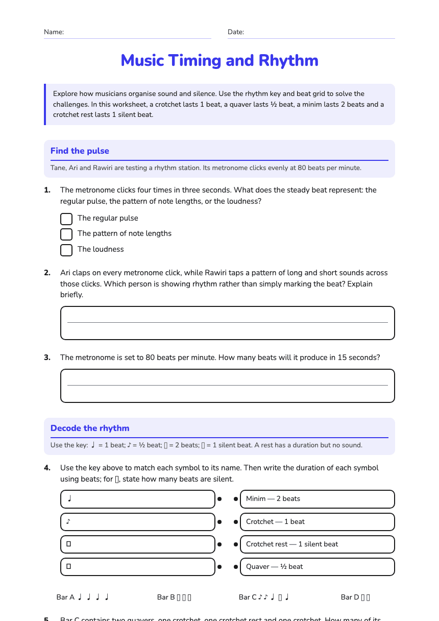 Music Timing and Rhythm worksheet preview