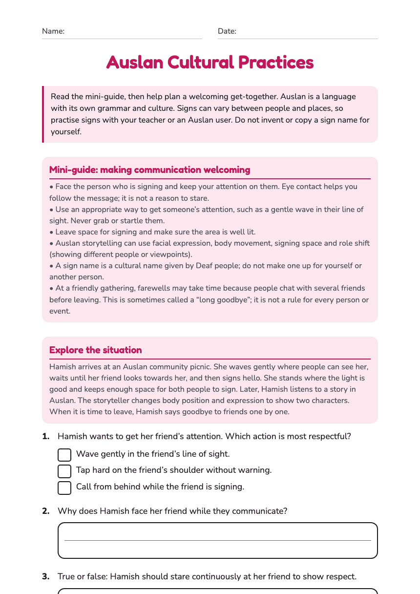 Auslan Cultural Practices worksheet preview