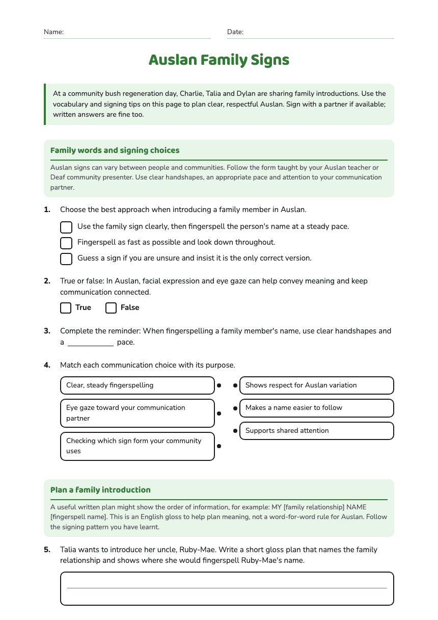 Auslan Family Signs worksheet preview
