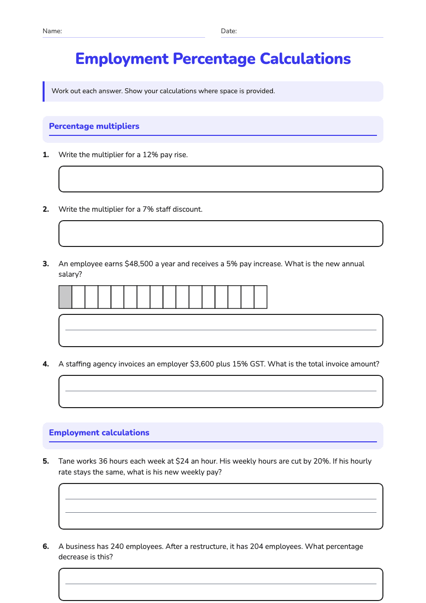 Employment Percentage Calculations worksheet preview