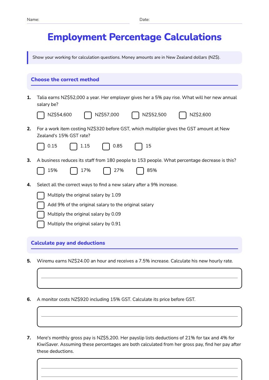 Employment Percentage Calculations worksheet preview
