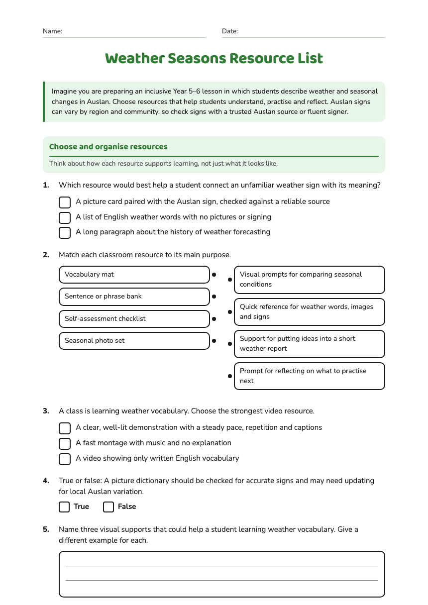 Weather Seasons Resource List worksheet preview