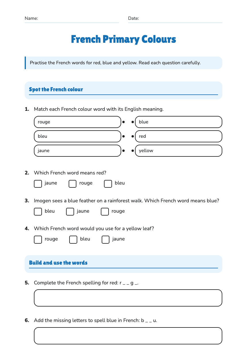 French Primary Colours worksheet preview