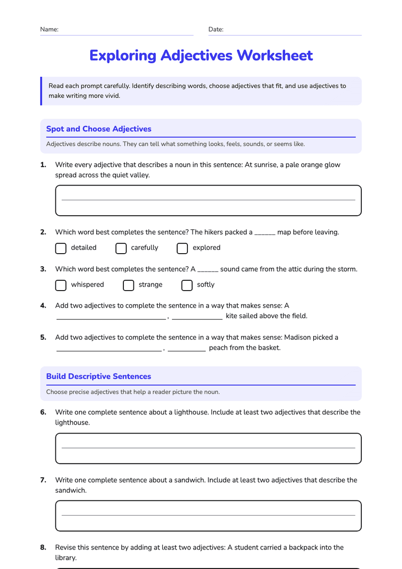Exploring Adjectives Worksheet