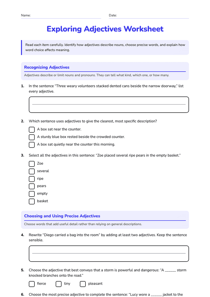 Exploring Adjectives Worksheet